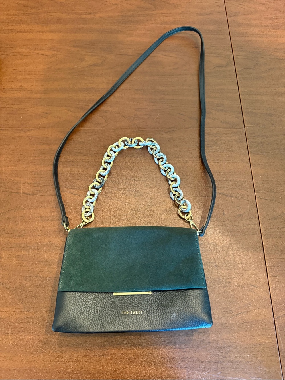 Ted Baker Green Suede & Black Pebbled Leather Shoulder Bag with Gold Chain